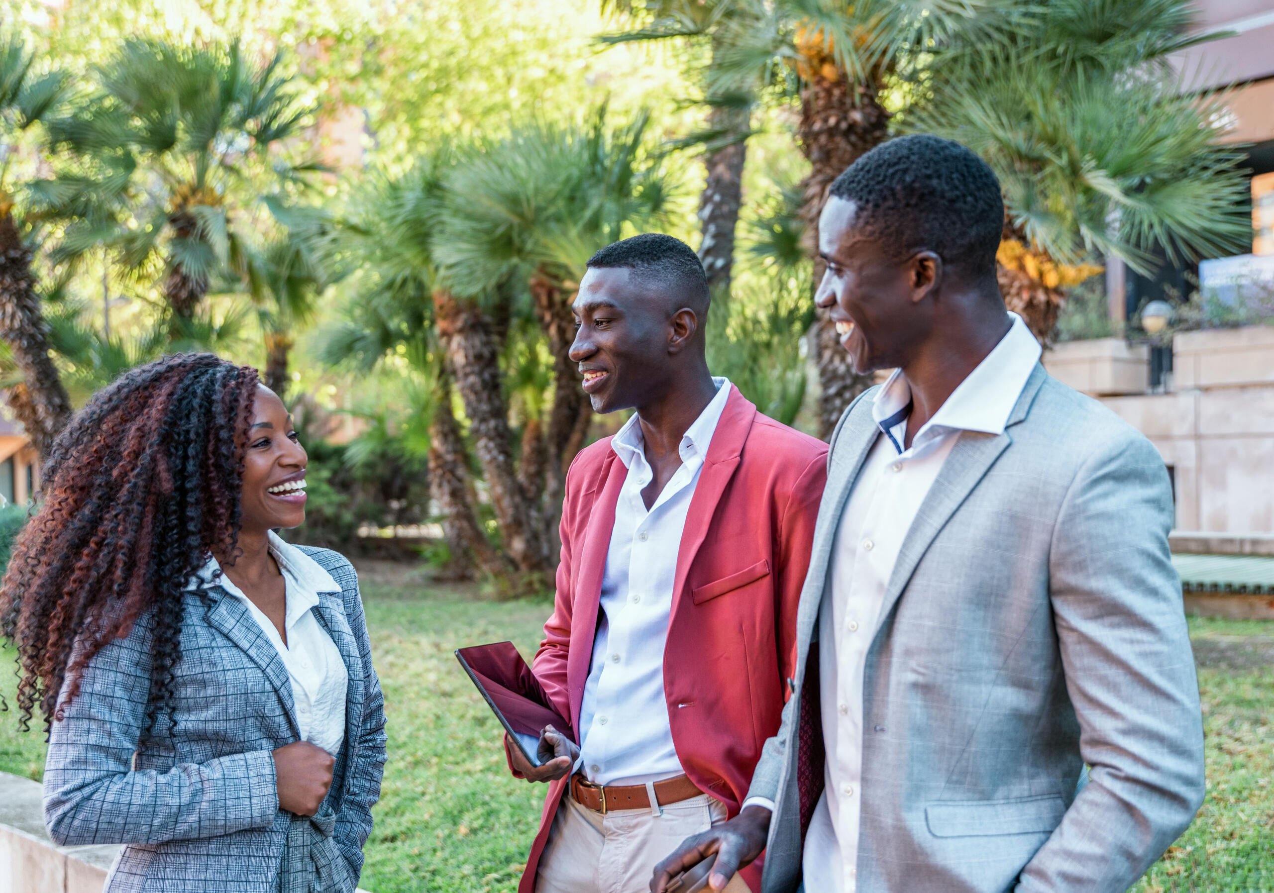 Group of diverse multiracial Business people talking outdoors in a park